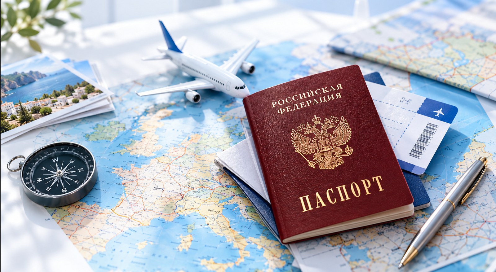 Российский паспорт, авиабилет и карта
